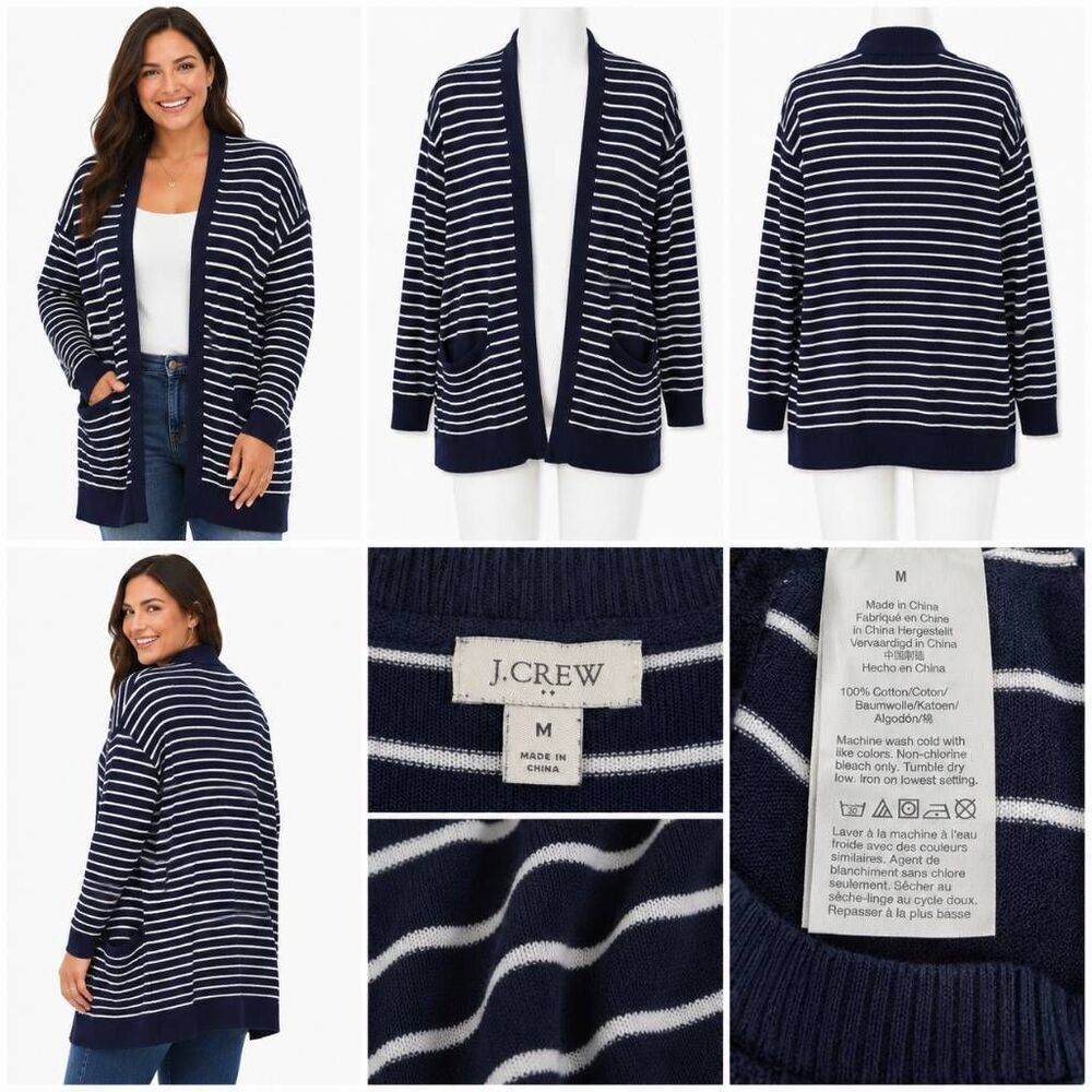 J.Crew Navy White Striped Open Front Cardigan M